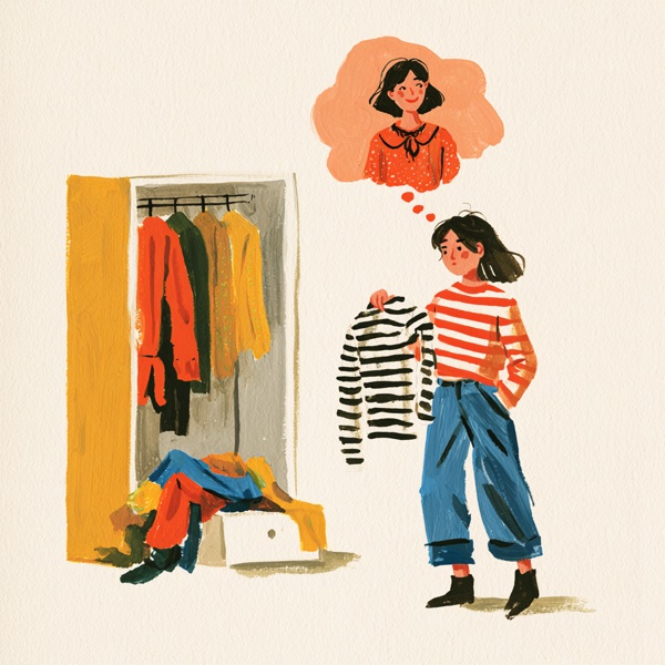 クローゼットの前で服を選ぶ女性のイラスト